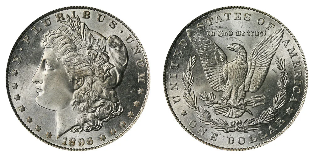 1896 Morgan silver dollar obverse and reverse showing Liberty portrait and eagle design