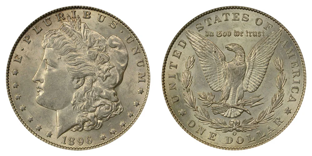 Comparison of worn 1896-O Morgan dollar versus high-grade mint state 1896-O showing difference in luster and surface quality