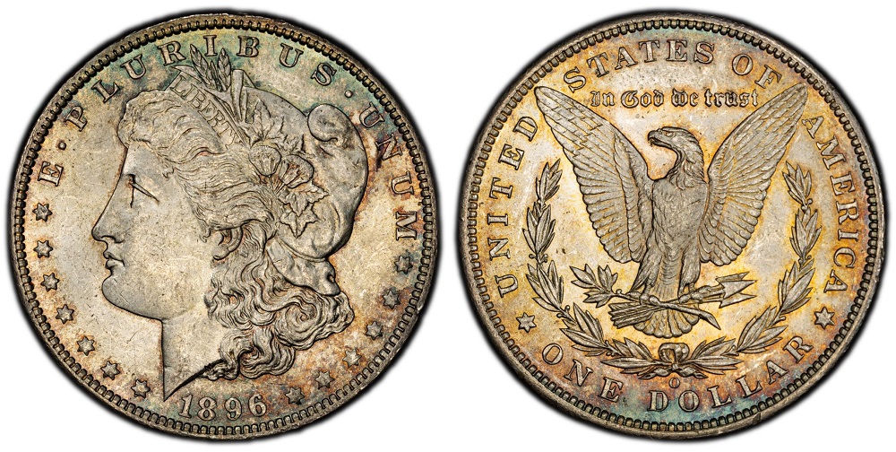 1896-O Morgan silver dollar showing the New Orleans O mint mark below eagle tail feathers on reverse