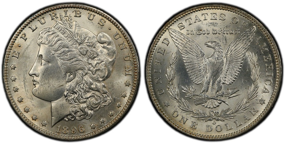 Close-up of 1896-P VAM 19 Eight-in-Denticle variety showing two raised curved bars in denticles below the date digits