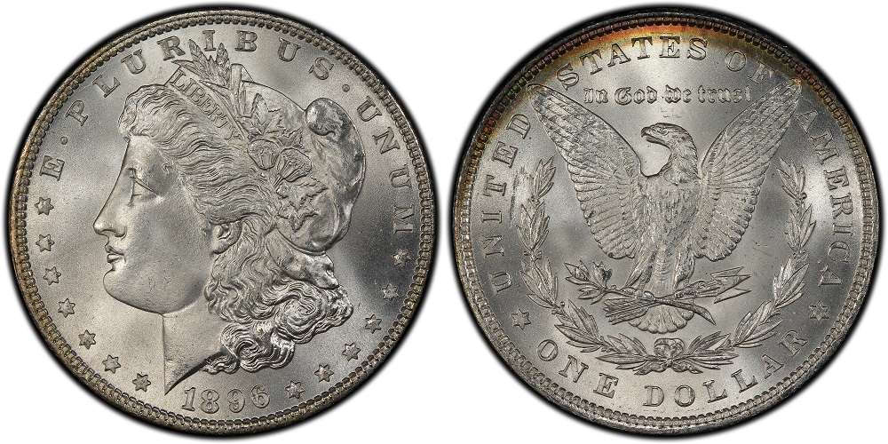 Grading strip showing four 1896 Morgan silver dollars in four condition tiers from worn Good grade through gem MS-65 mint state